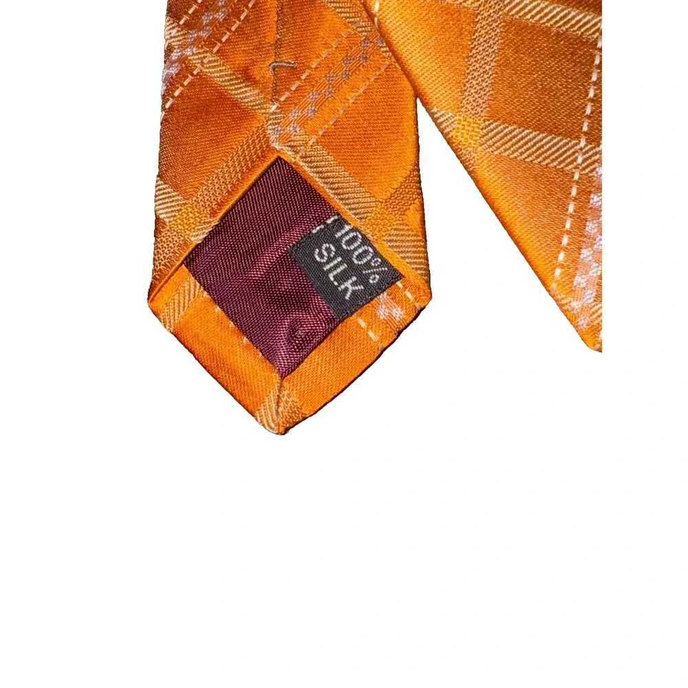 Marja Kurki Orange 100% Silk Tie Checked Plaid Geometric Pattern‎ Office Wear